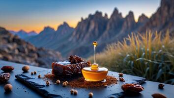 Arrangement with Honey, Dates, and Nuts Against Scenic Mountain Backdrop photo