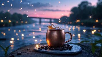 Iced Beverage in Copper Mug with River Bokeh Background photo