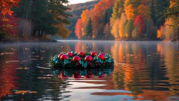 Festive Holiday Wreath Floating on Lake Water with Autumn Foliage photo