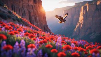 Hawk Flying Over Wildflower Meadow in Mountain Canyon at Sunset photo