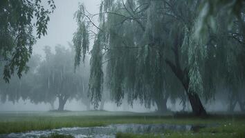 Willow Trees in Foggy Meadow with Puddles During a Rainstorm photo