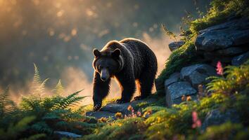 Bear Walking Down Rocky Hillside in Sunlight Through Hazy Forest photo