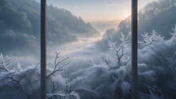 Viewing Misty Valley Landscape From Window with Frosted Branches photo