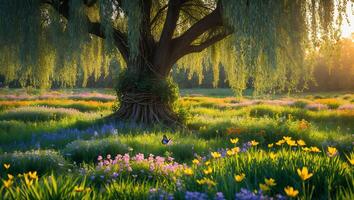 Weeping Willow Tree and Butterfly in Colorful Wildflower Meadow photo