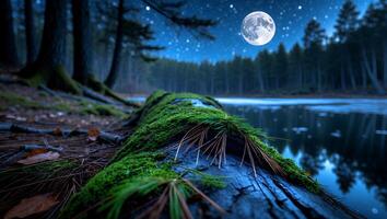 Mossy Log by Lake at Night Under a Starry Sky with Moon photo
