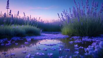 Lavender Field Reflecting Sunset Sky in Water with Fallen Blossoms photo