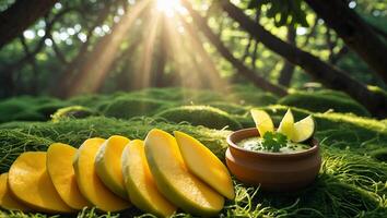 Mango Slices with Green Sauce and Lime in Natural Setting photo