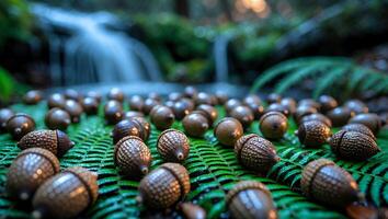 Acorns on Fern with Waterfall Creating a Peaceful Natural Scene photo