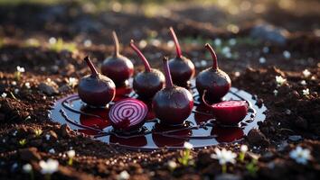 Harvested Beets Displayed on Dark Soil with Water Reflection photo