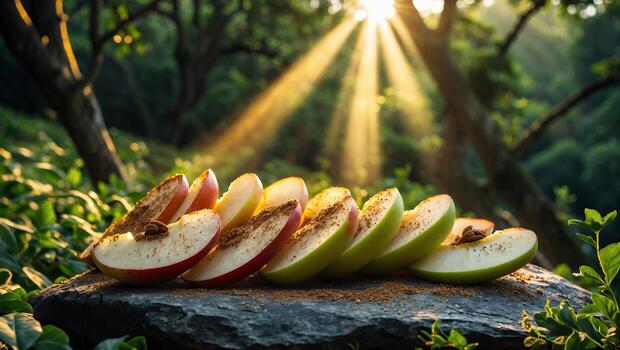 Sliced Apple with Spice on a Stone Slab in Sunlight photo