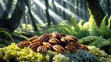 Pecan Nuts Pile in Forest with Sunlight and Mossy Ground photo