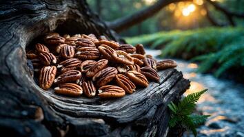 Pecan Halves Nestled in Log Beside Stream at Sunset photo
