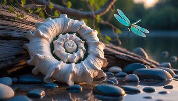 Seashell Spiral and Dragonfly Near Lakeside Rocks at Golden Hour photo