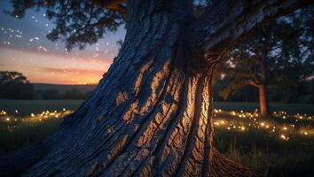 Majestic Tree at Sunset with Warm Light on Grass Field photo