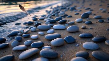 Feather Floating Above Smooth Stones on Sandy Beach at Sunset photo
