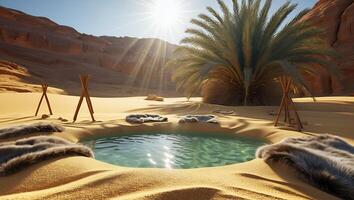 Desert Oasis with Palm Tree, Fur Rugs, and Tents in the Sunlight photo