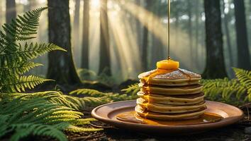 Stack of Pancakes Being Drizzled with Syrup in Forest Setting photo