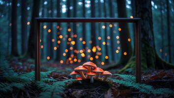 Mushroom Cluster in Frame Forest Scene with Magical Light Effect photo