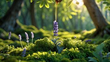 Honey Drizzling Onto Lavender Flower in Forest Clearing Sunlight photo