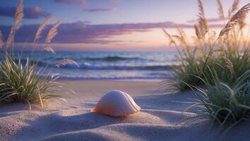 Seashell on Beach at Sunset with Ocean Waves and Grass photo