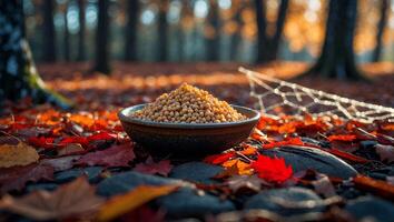 Bowl with Mustard Seeds on Autumn Leaves in Forest Landscape photo