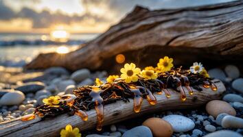 Driftwood Adorned with Wildflowers and Amber Resin on Pebble Beach photo