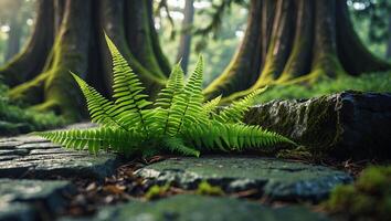 Fern Growing on Stone Path in Forest with Sunlight Filtering Through photo