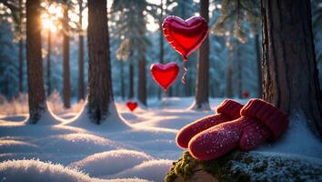 Red Mittens Laying in Snowy Winter Forest with Heart Balloons photo
