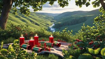 Scenic Valley View with Picnic Featuring Lit Candles and Crackers photo