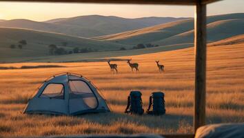 Camping in Golden Field with Deer at Sunset - Outdoor Adventure photo