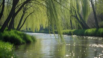 Calm River Flowing Through Green Willow Trees in Springtime photo