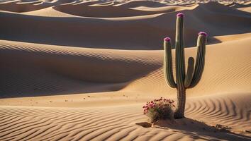 Flowering Cactus in Desert Landscape with Sand Dunes and Pink Blooms photo