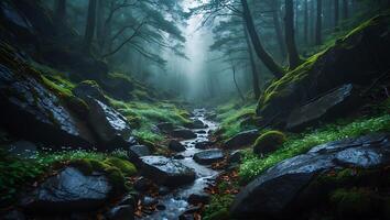 Flowing Stream Through a Dense Forest with Mossy Rocks photo