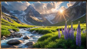 Flowing River Through Mountain Valley with Flowers and Sunlight photo