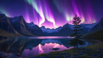 Scenic Mountain Lake with Northern Lights Reflection at Night photo