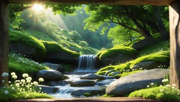 Waterfall Flowing Through Green Mossy Rocks in Peaceful Forest Setting photo