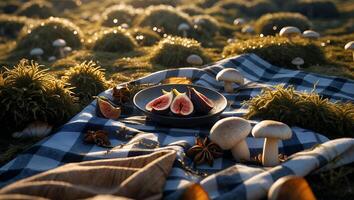 Outdoor Picnic with Figs Mushrooms and Checkered Blanket in Natural Light photo