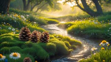 Pine Cones by Stream in Sunny Meadow, Natural Beauty photo
