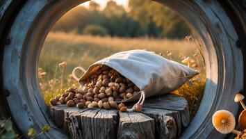 Bag of Nuts Spilling on Wooden Stump in Golden Hour Light photo