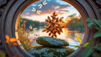 Stacked Stones with Seed Pods and Dragonflies at Golden Hour photo