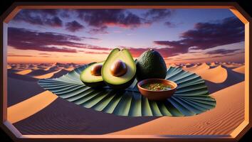 Avocado and Dip on Leaf Against a Desert Sunset Backdrop photo