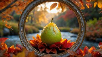 Pear with Drizzle in Autumn Frame by River at Sunset photo