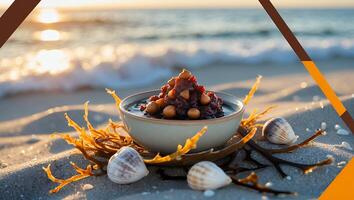 Bowl of Topped Food on Sandy Beach Near Ocean Water photo
