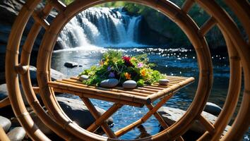 Zen Garden Table with Flowers and Rocks Overlooking Waterfall photo