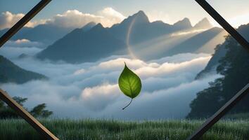 Green Leaf Floating with Mountain and Fog View Through Frame photo