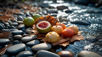 Citrus Fruits with Cinnamon Sticks on River Rocks and Leaf photo