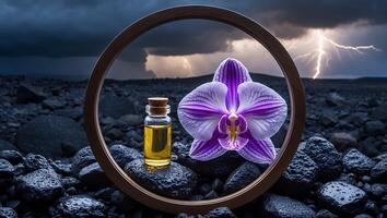 Orchid and Oil Still Life with Dramatic Sky and Rocks photo