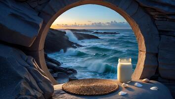 Seascape View Through Stone Arch with Candle and Seashells Still Life photo
