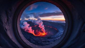 Volcanic Crater Erupting with Lava and Smoke at Dramatic Sunrise photo