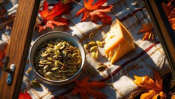 Pumpkin Seeds and Cheese Wedge with Autumn Leaves on Fabric photo